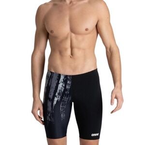 Arena Men Team Painted Stripes Jammer Swimsuit Black Silver Drawstring Sz26
